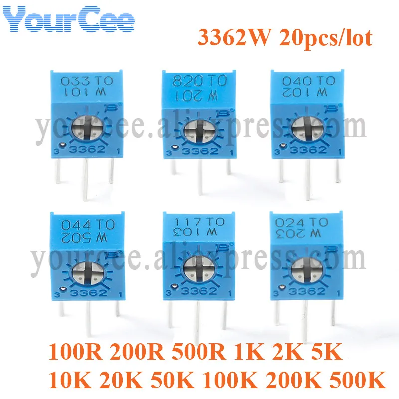 20 peças 3362w 3362 precisão ajustável resistor trimpot trimmer potenciômetro 100r 200r 500r 1k 2k 5k 10k 20k 100k 200k 500k ohm