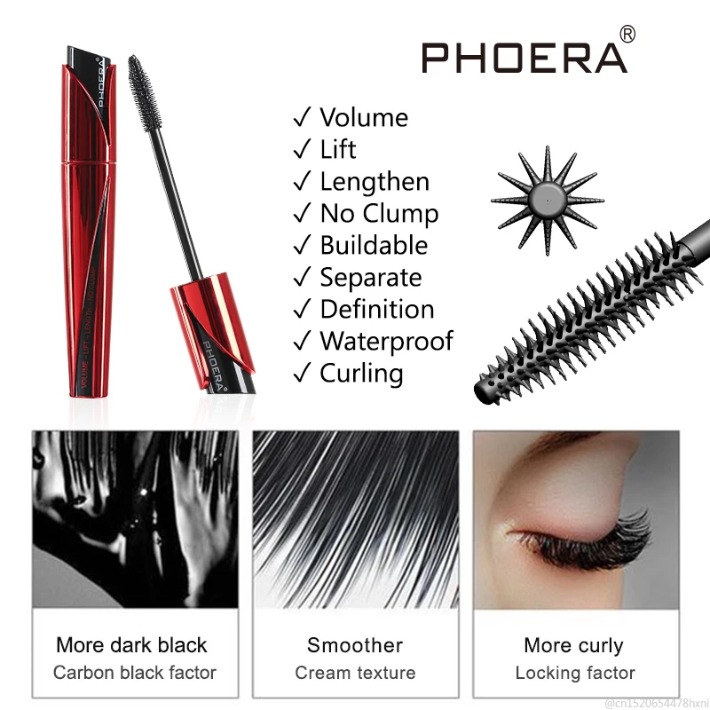 PHOERA Schwarz 9D Mascara Rimel für Wimpern Verlängerung Dicke Wasserdichte Natürliche Verlängerung Curling Seide Faser Lash Make-Up TSLM1