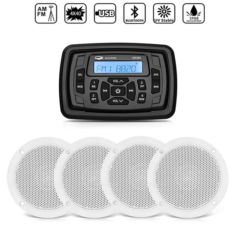 Marine Waterproof Radio Audio Boat Stereo Bluetooth Media Receiver FM AM Car MP3 Player+2Pair 4 inch Marine Speaker For RV Yacht