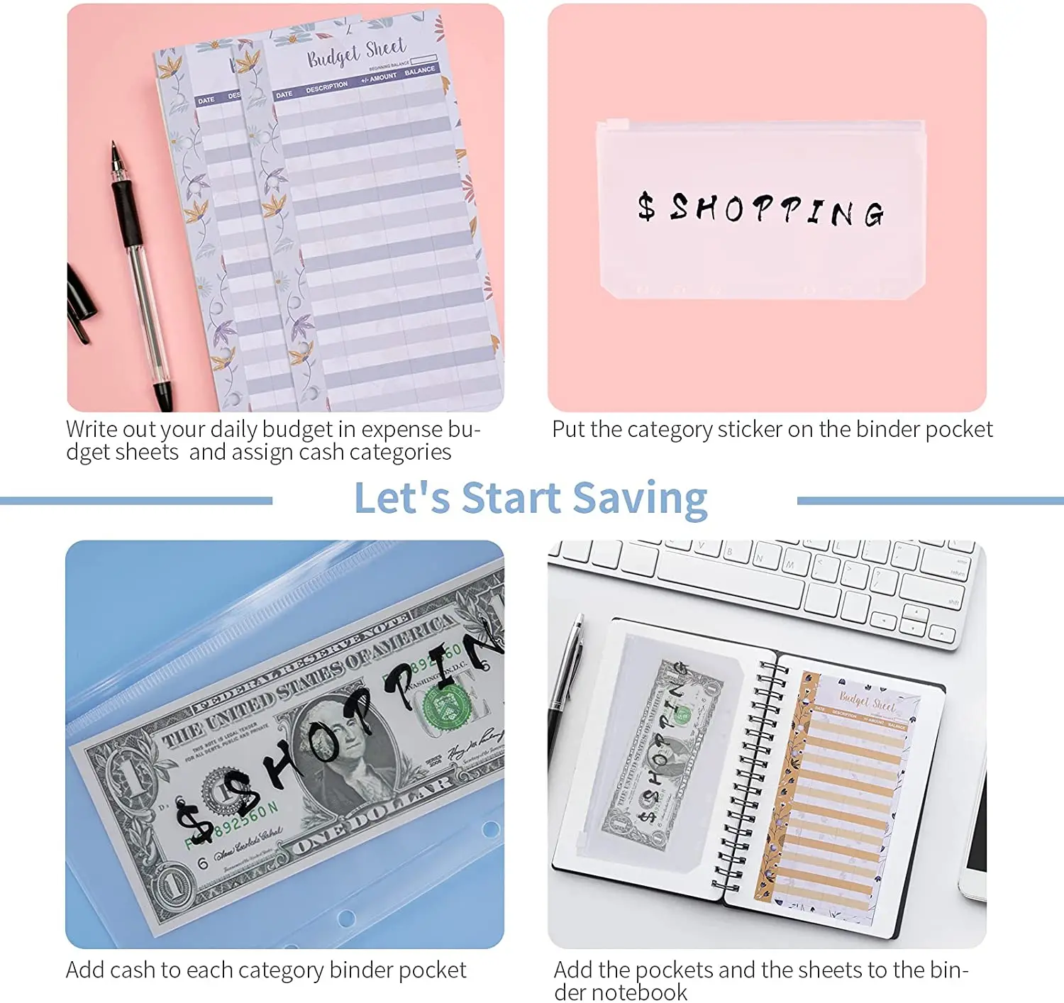 30 Pieces Budget Binder Money Saving Envelopes System, 12Pcs  Zipper Pockets, 12 Expense Budget Sheets,6 Letter Sticker Labels