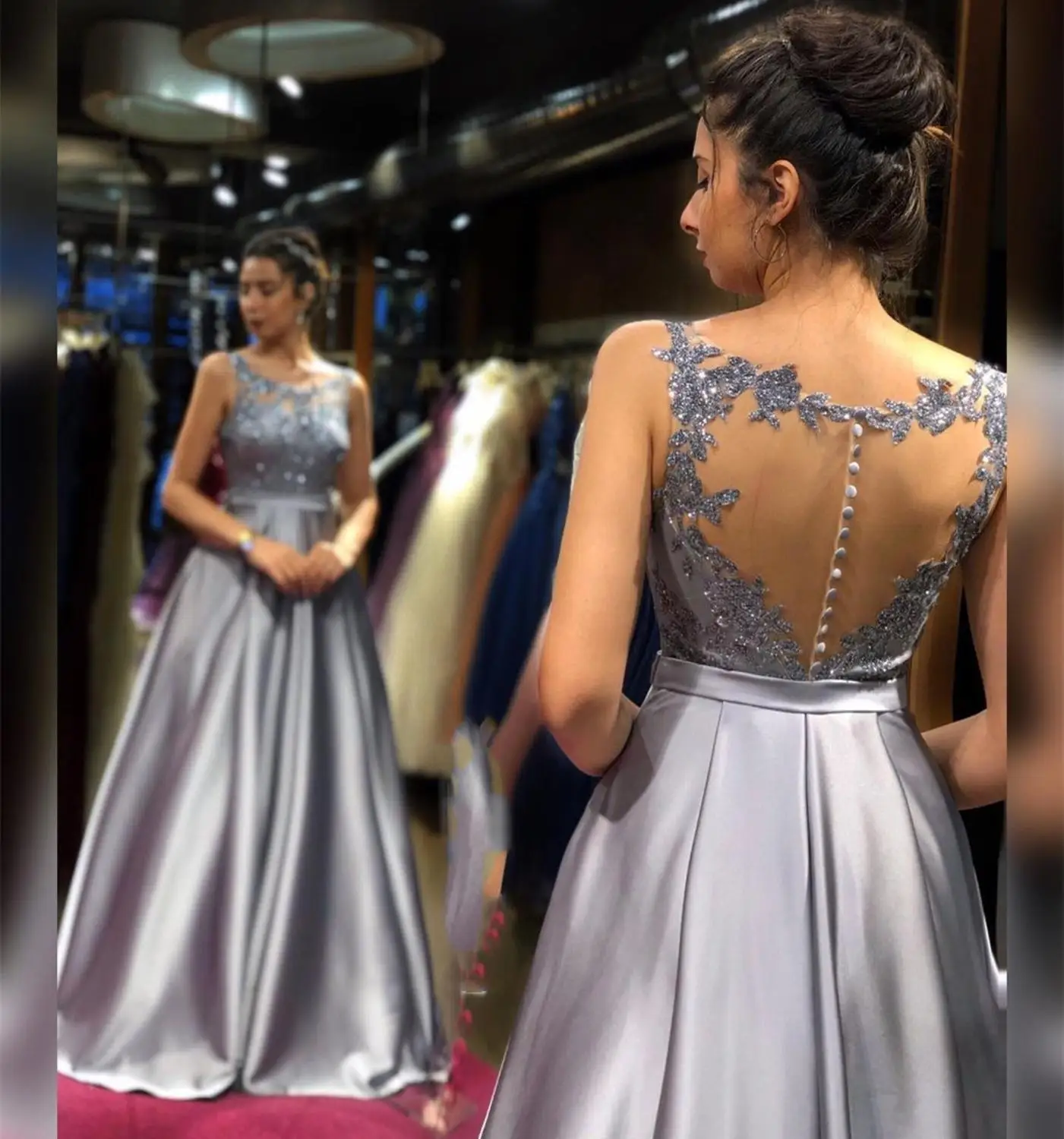 Formal Dress Women 2022 Evening A-line Satin Gray Sleeveless Lace Appliques Crystal Beading Scoop Backless Gorgeous Elegant