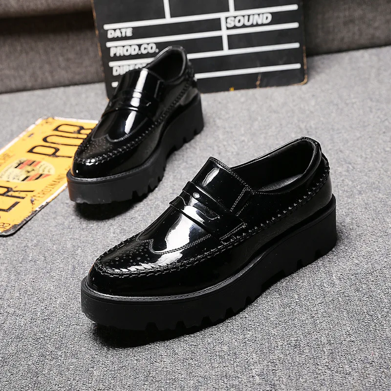 mens casual business wedding formal dresses black platform shoes slip-on lazy shoe oxford patent leather loafers chaussure homme