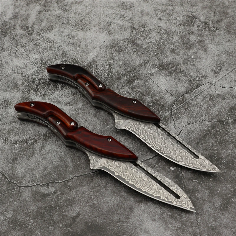Cuchillos de Damasco VG10, cuchillo plegable mecánico táctico de caza, hoja fija, herramientas de defensa de bolsillo EDC para supervivencia y acampada al aire libre