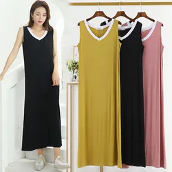 Fdfklak Women Night Dress V-Neck Sleeveleeve Loose Female Long Nightgown 2021 Summer Modal Pink/Black Ladies Homewear