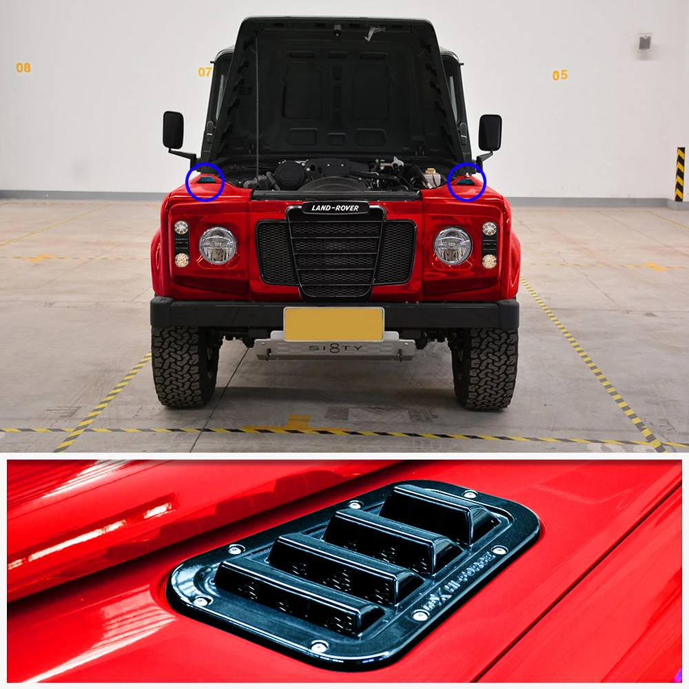 

2 pcs car decorative front hood bonnet side trim cover steel air flow intake scoop vent snow cover for Land Rover Defender