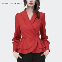 Fashion Womens Long Sleeve Tunic Shirt Solid Color Suit Collar Single Row Two Buttons Cardigan Top 2021 Autumn Elegant Blouses