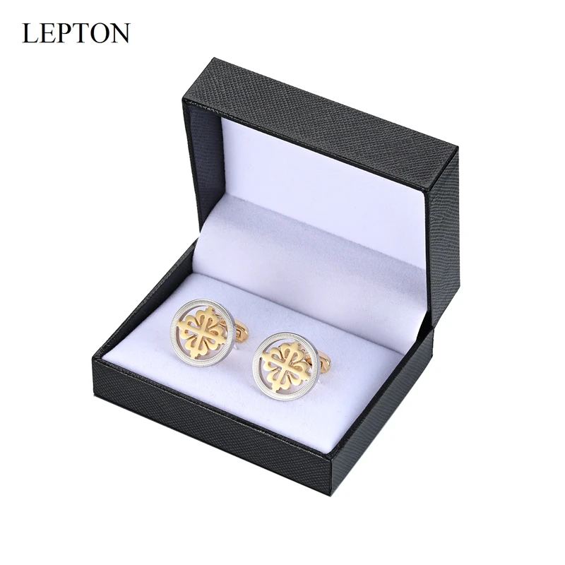 Lepton Silver & 18K Gold Color Crusaders Cufflinks Stainless Steel Round Cuff Links for Men Wedding Business Cufflink Gemelos