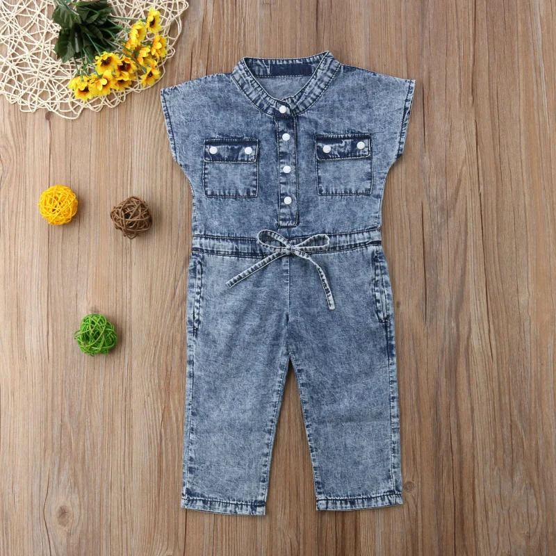 2-8year old girl clothes summer sleeveless jumpsuit fashion solid color wash water high quality denim sports children\'s clothing