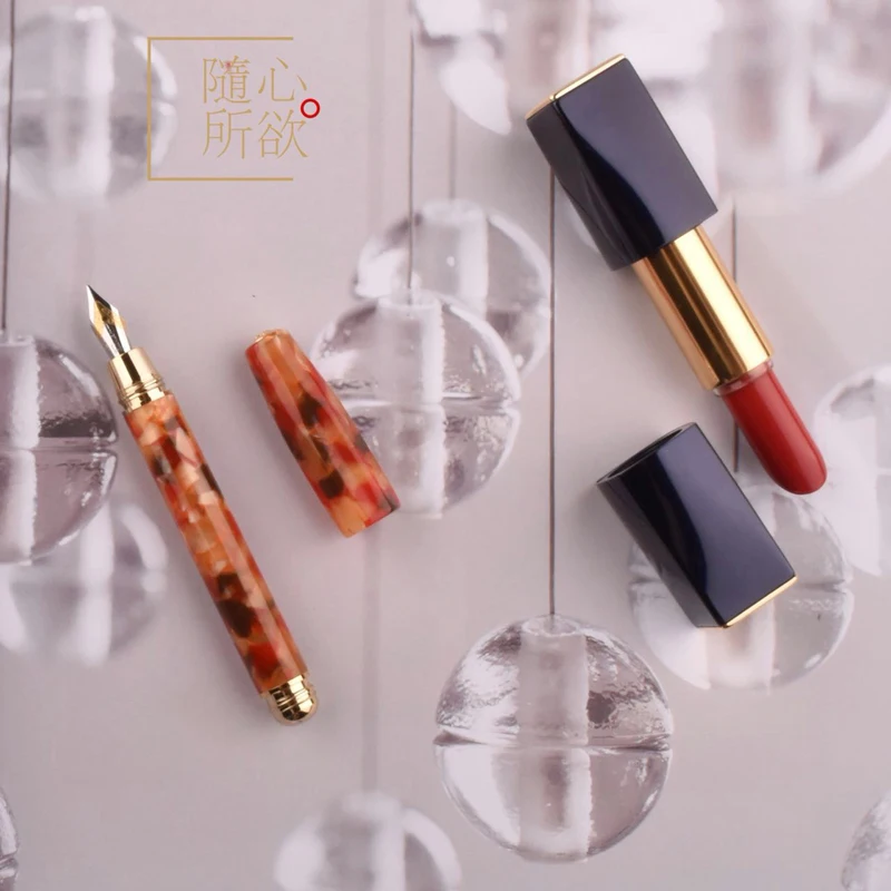 Fuliwen Exquisite Marble Celluloid Fountain Pen Rhombus Beautiful Ice Flower Iridium M Nib Writing Gift Pens Supplies