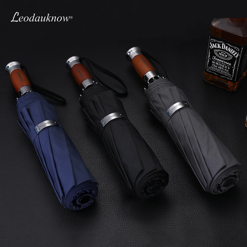 Leodauknow three folding business fully automatic wood metal handle 1.2 Meters Windproof men\'s 10k sunny and rainy umbrella