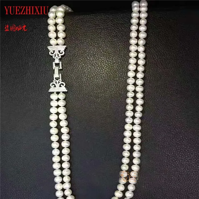 

2rows white freshwater pearl near round 7-8mm necklace 25-26inch micro zircon inlaid Crown large button sweater chain