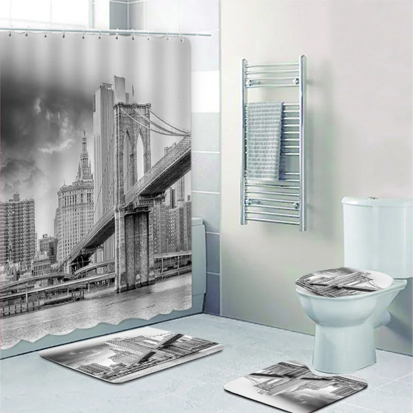 3D Black White Brooklyn Bridge New York Cityscape Shower Curtain Set for Bathroom Modern USA Urban Skyline Bath Mats Home Decor