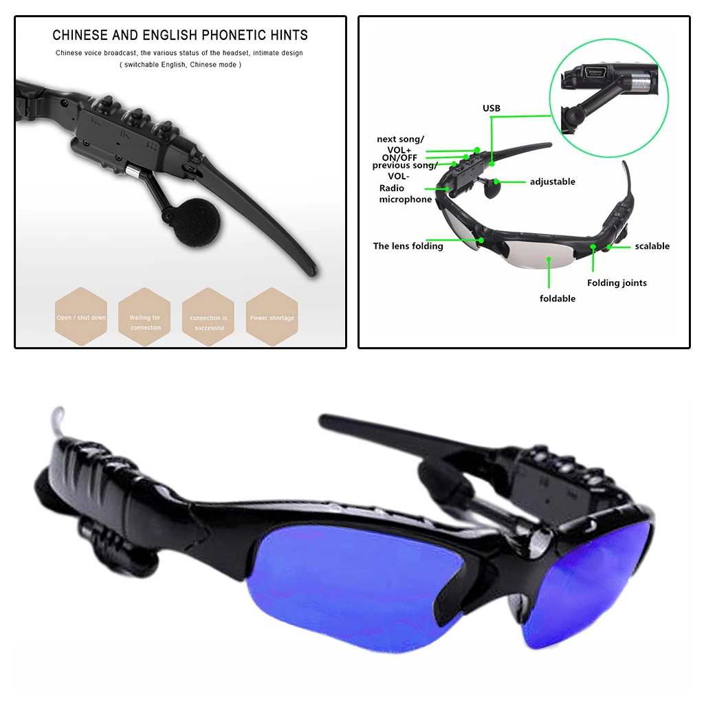 Music Sports Bluetooth Sunglasses Polarized Glasses Headset Headphone With Mic for Driving