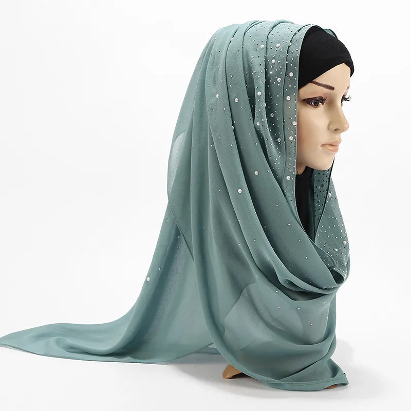 2024 vendita calda donne pianura bolla perla sciarpa in chiffon testa hijab avvolgere scialli solidi fascia foulard femme negozi di hijab musulmani