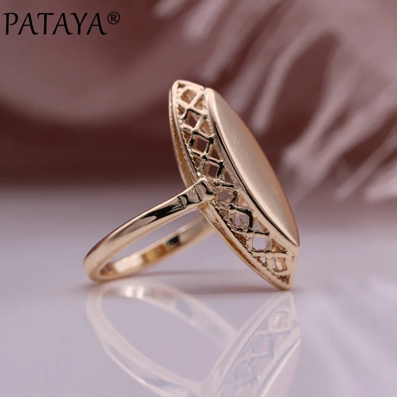 PATAYA New Hot Glossy Rings Women 585 Rose Gold Color Weaving Rhombus Hollow Rings Ethnic Bridal Wedding Gift Fashion Jewelry