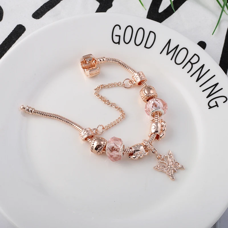 Yexcodes Rose golden butterfly Charm Bracelet With An crown Beads Fits Fine Bracelet Women Party Jewelry Dropshipping
