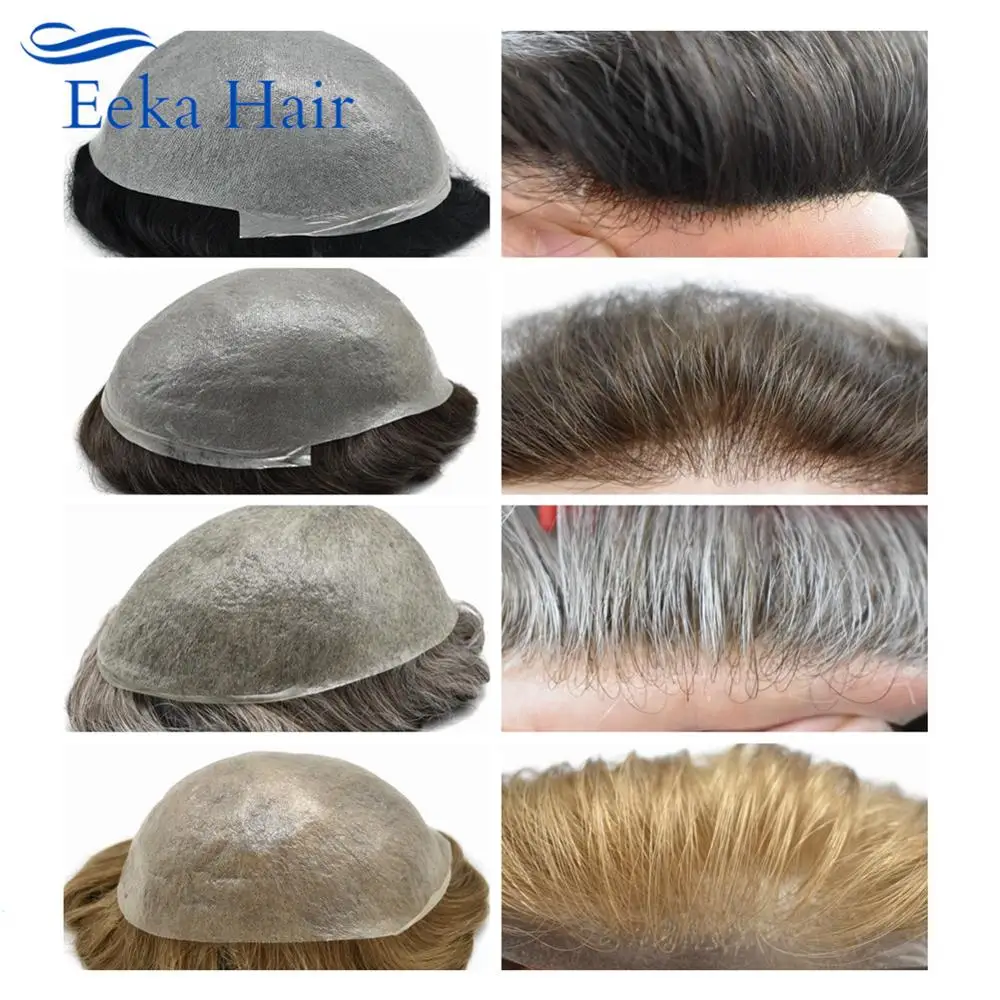 Super Dunne Huid Mens Toupee 0.03Mm Ultra Dunne Huid Haar Systeem Mannen Human Hair Zwart Bruin Blond Grijs V-Lus Haarstukje Pruik