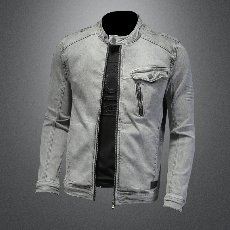 Men Moto Biker Streetwear Denim Jackets Men Vintage Grey Bomber Jacket Outwear Male Casual Cotton Stand Collar Denim Coats