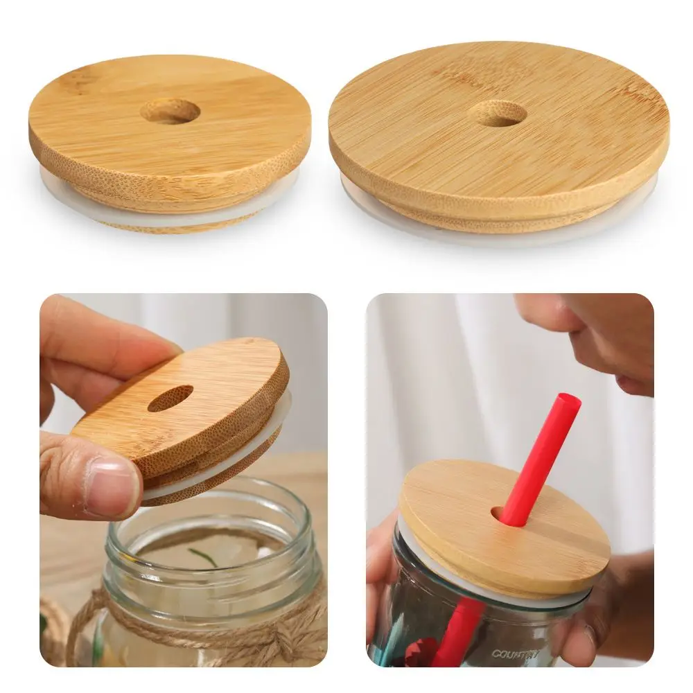 Reusable Storage Bottles Silicone Seal Ring Mason Jar Lid Wide Mouth Cup With Straw Hole Bamboo Wood Lids