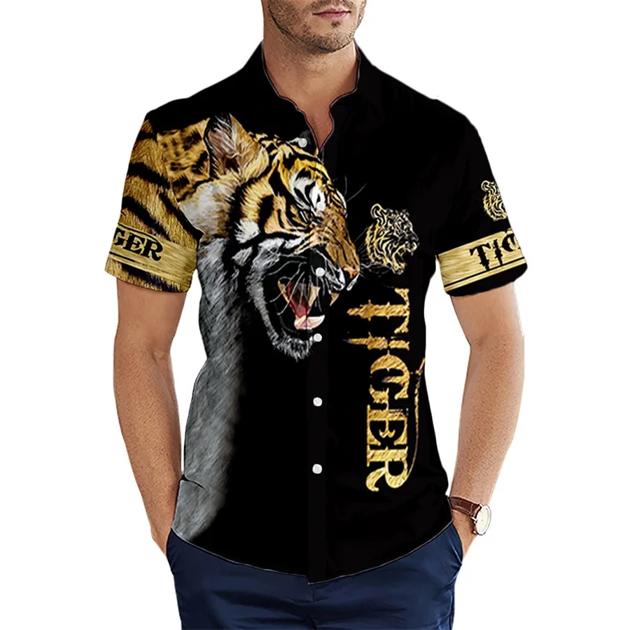 2024 Summer Short sleeve Shirts Animal Premium Tiger Skin Pattern 3D All Over Printed Hawaiian Shirt Mens Casual Beach Shirt