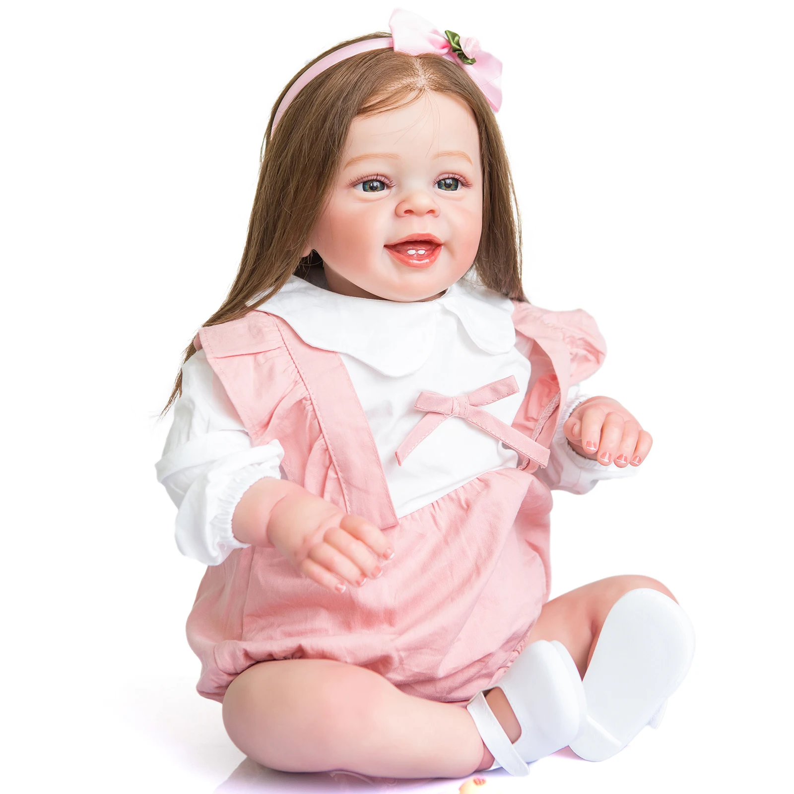 New 60cm Happy Reborn Cloth Body Babe Dolls Hand Painting Lifelike Rooted Hair Smile Newbron Doll Toys For Kid's Birthday Gifts