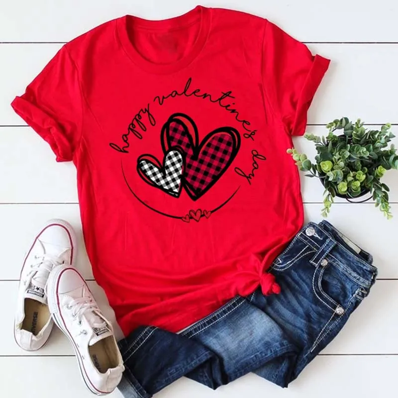 Maycaur Fashion Women T Shirt Love Heart Printed T Shirt Casual Red Tops 90s Valentine\'s Shirt Female Harajuku Graphic Tshirt
