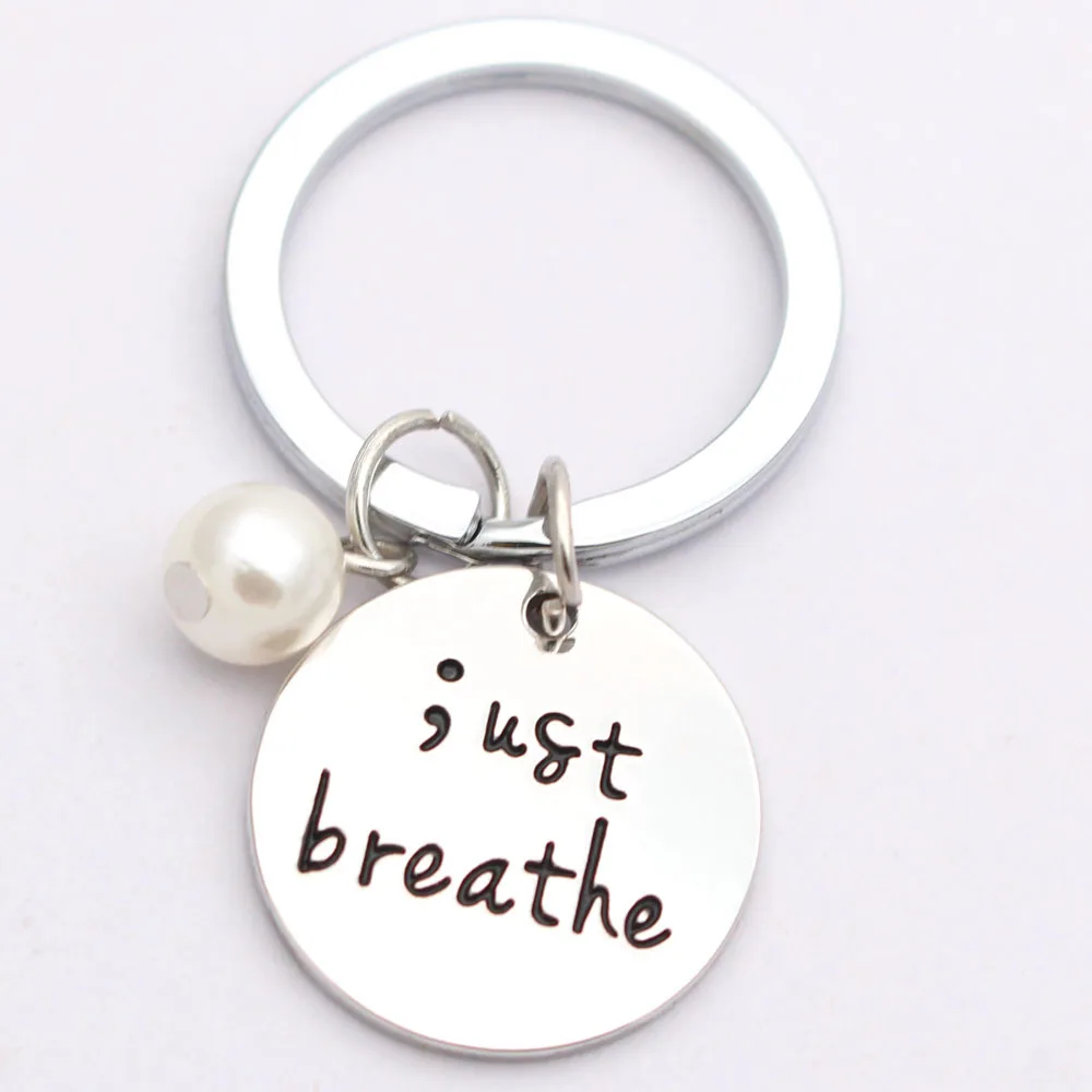 Just Breathe Semi Colon Mental Health Keychain Keyring or Necklace Inspiration Jewelry Gifts for Mom, Bff, Sister