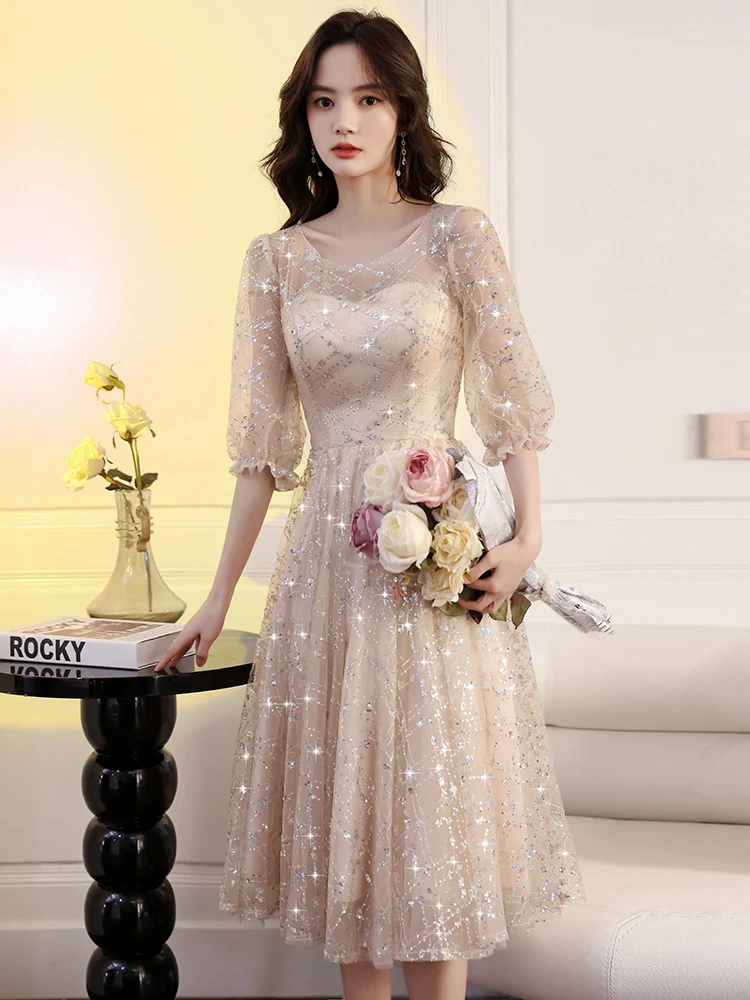 Semi Formal Evening Dresses Short 2021 Elegant O-neck A-line Tea-length Champagne Sequin Tulle Women Dresses For Wedding Party