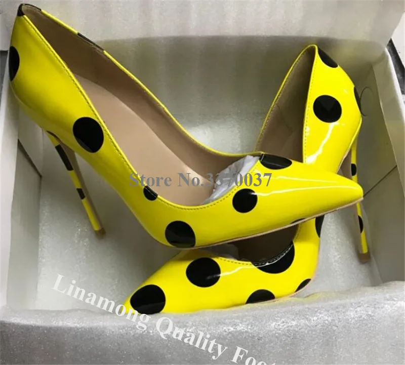 Linamong Designer Pointed Toe Polka Dots Pumps 8cm 10cm 12cm Yellow Red White Wave Points High Heels Big Size Dress Shoes