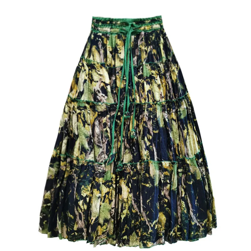 TIYIHAILEY 2021 Free Shipping Fashion Long Maxi A-line Elastic Waist Women Summer Cotton S-2XL Flower Skirts Print Green Skirts