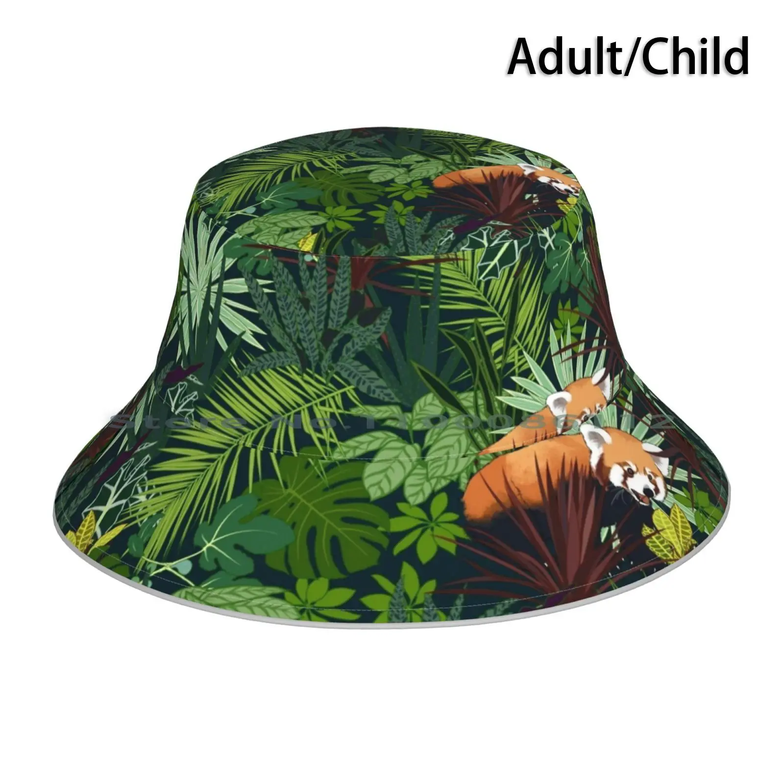 Jacob's Jungle Bucket Hat Sun Cap Red Panda Green Jungle Palm Tropical Houseplants Calathea Dragon Tree Cute Nature Scarlett