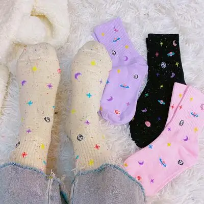 Fashion woman funny planet moon space pattern woman cotton socks meia korean female style fun colorful girl long socks