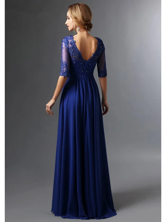 Royal Blue 2019 abiti per la madre della sposa A-line scollo a v mezze maniche Chiffon pizzo lungo elegante sposo abiti per la madre matrimonio