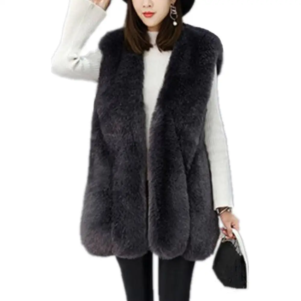 Women Autumn Winter Sleeveless Faux Fur Vest Furry Warm Fake Fur Coat Jacket Overcoat