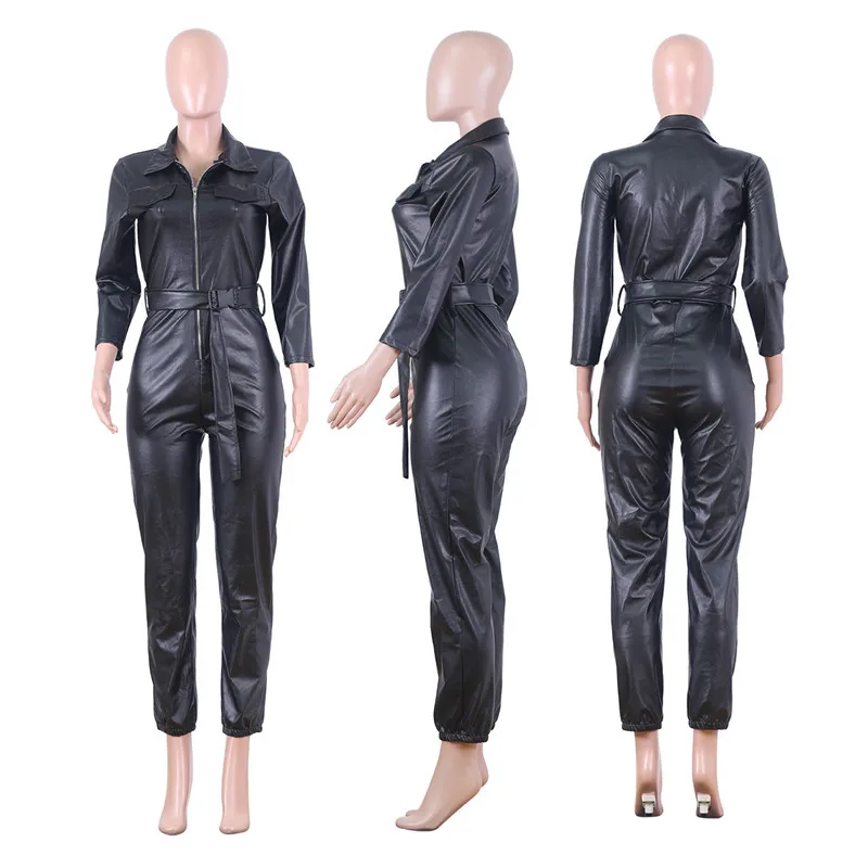 Sexy PU Leather Long Sleeve Jumpsuit Women Fall Winter Gothic Bandage Belt Overall Plus Size Streetwear Bodycon Black Rompers