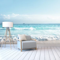 Papiers peints muraux personnalisés avec vue sur la mer et la plage, papier peint de fond de paysage, revêtement mural de canapé méditerranéen, salon
