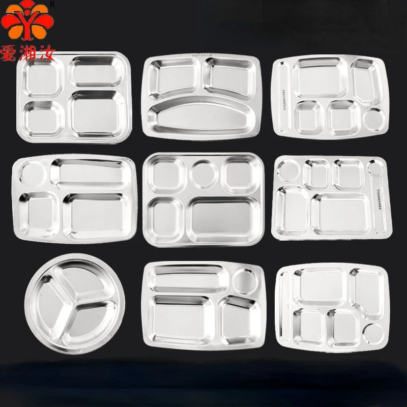 Stainless Steel Plate Children's Canteen Divided Plate Grown-up Rib Metal Cute Plate Pupil Dishes Dinnerware Dinner Plates