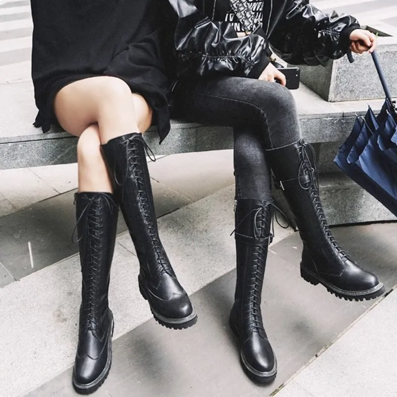 

Euro Fashion Cross Tied Buckle Zipper Womens Knight Boots Winter High Street Round Toe Thick Bottom Genuine Leather High Boots