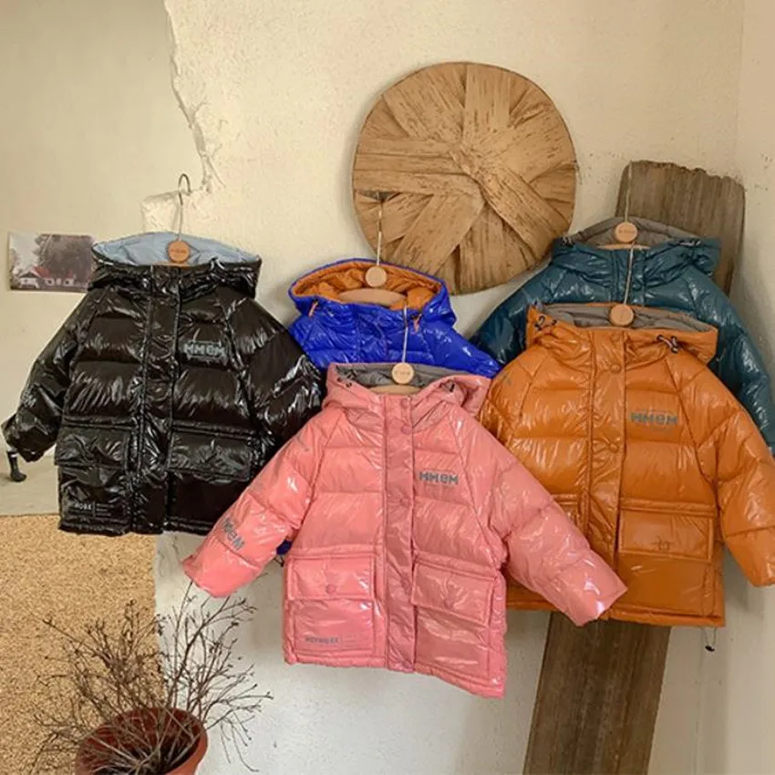 Boys girls winter Three-proof fabric warm hooded duck down jacket baby kids fashion bright outwear