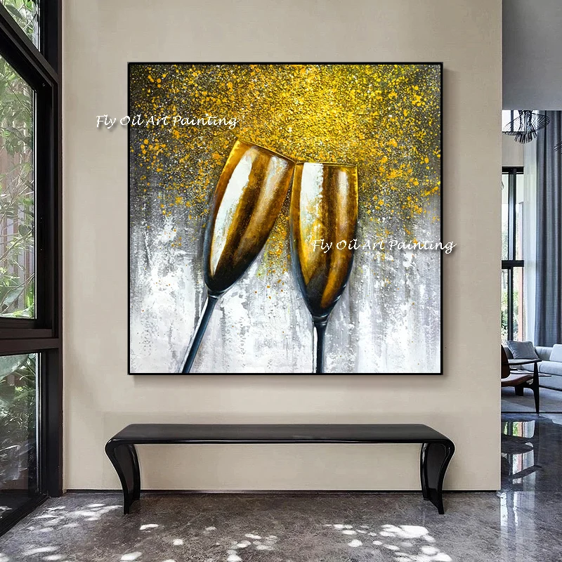 Modern  100% Handmade Romantic Gold Wine Glass  Abstract Canvas Art Wall Picture for Gallery Dining Room Bar Home Decor