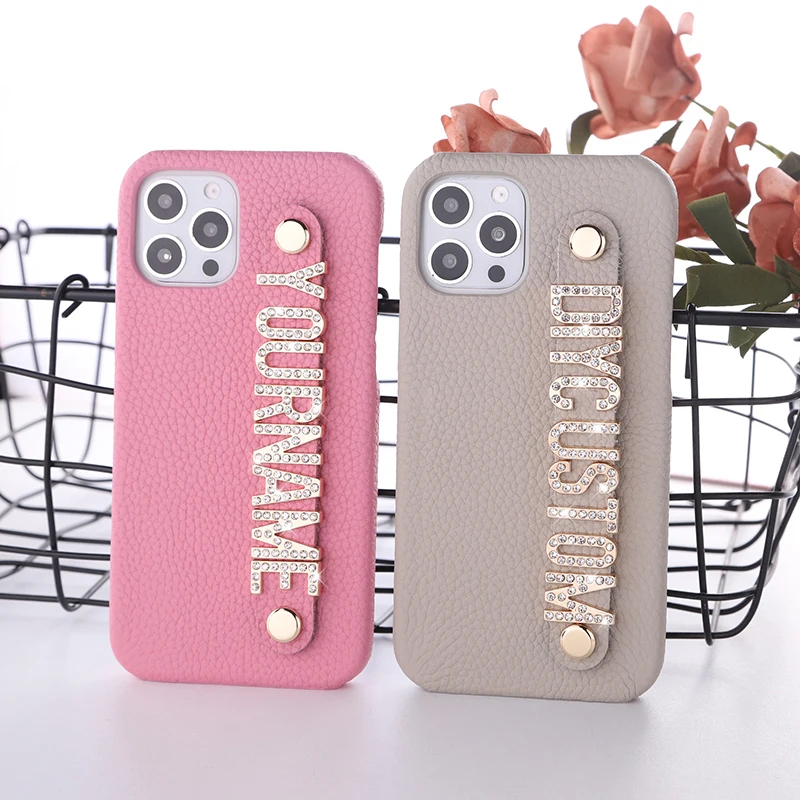 Real Leather Cowhide  Custom Name Phone Case For iPhone15 14 14ProMax 14Plus 13Promax 13 12 11 Diamond Metal Letters Cover Coque