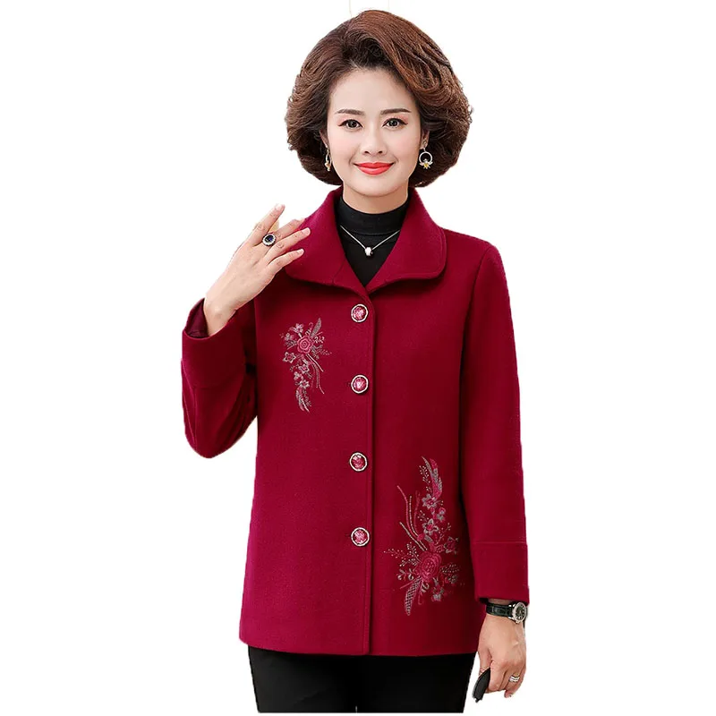 

Fashion Embroidery Woolen Coat 2023 Spring Autumn Women's Jacket Middle-aged Elderly Mother Single-breasted Outerwear Tops