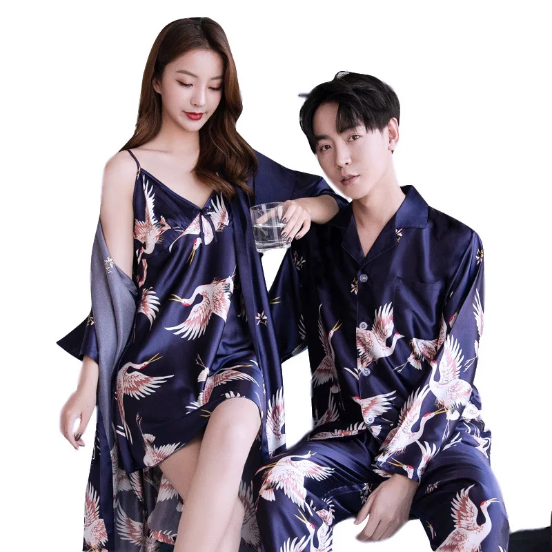 Crane Thin Section Satin Silk Men'S Long-Sleeved Suit Couple Sleepwear Female Summer Sexy Suspender Dress Nightgown Home Service