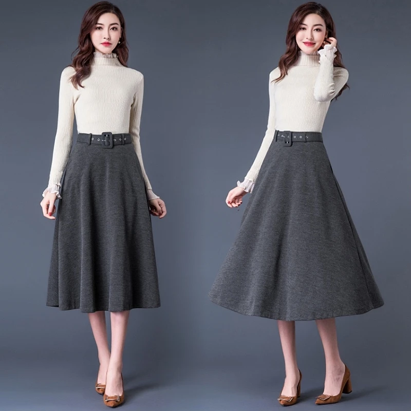 Elegant High Waist Long Skirts For Women Autumn Winter Woolen Velvet Skirt With Belt Loose A-line Maxi Ladies Skirt Khaki Red
