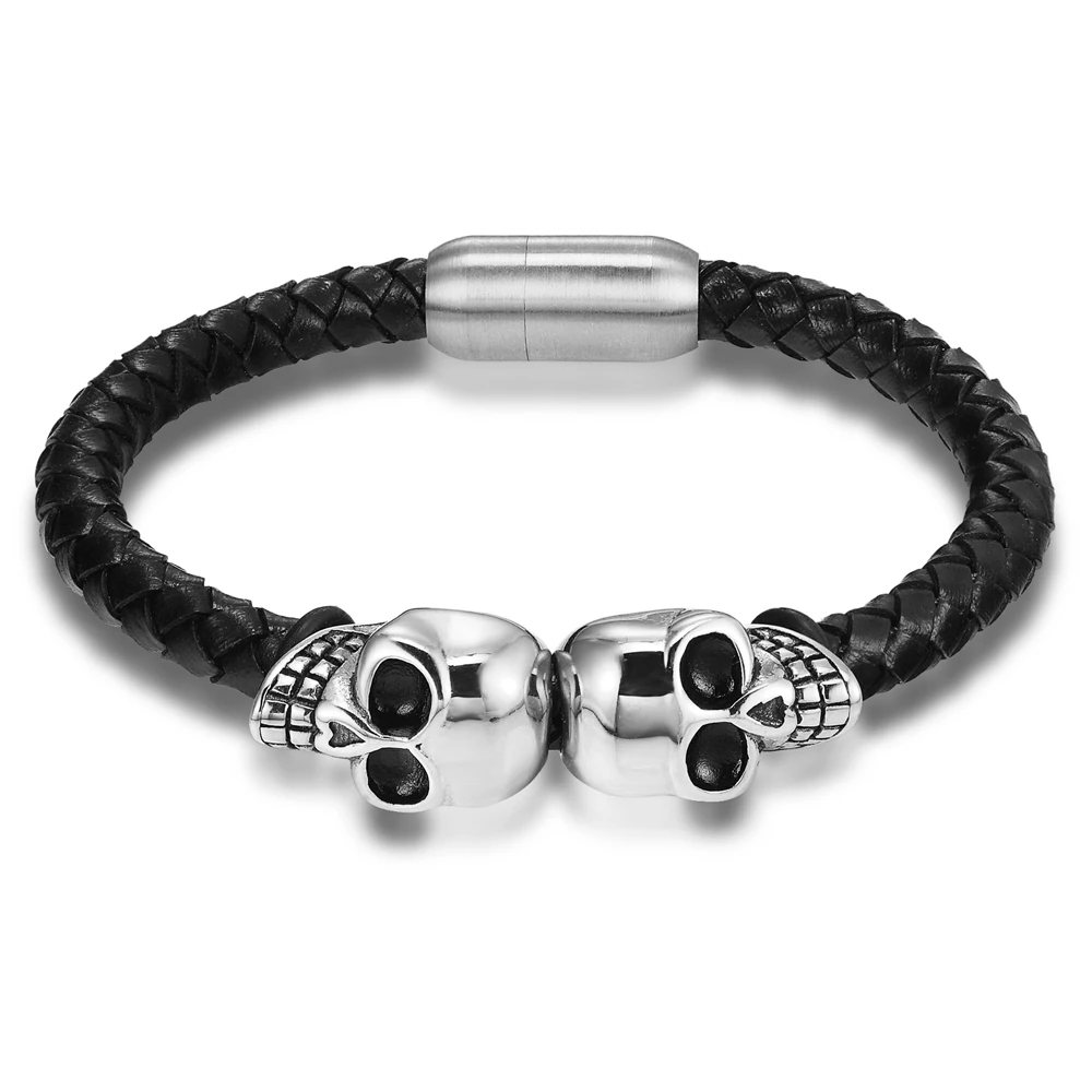 TYO New Fashion Black Braided Men Leather Bracelets Stainless Steel Cool Skull Bangles Jewelry Gift Wholesale Dropshipping