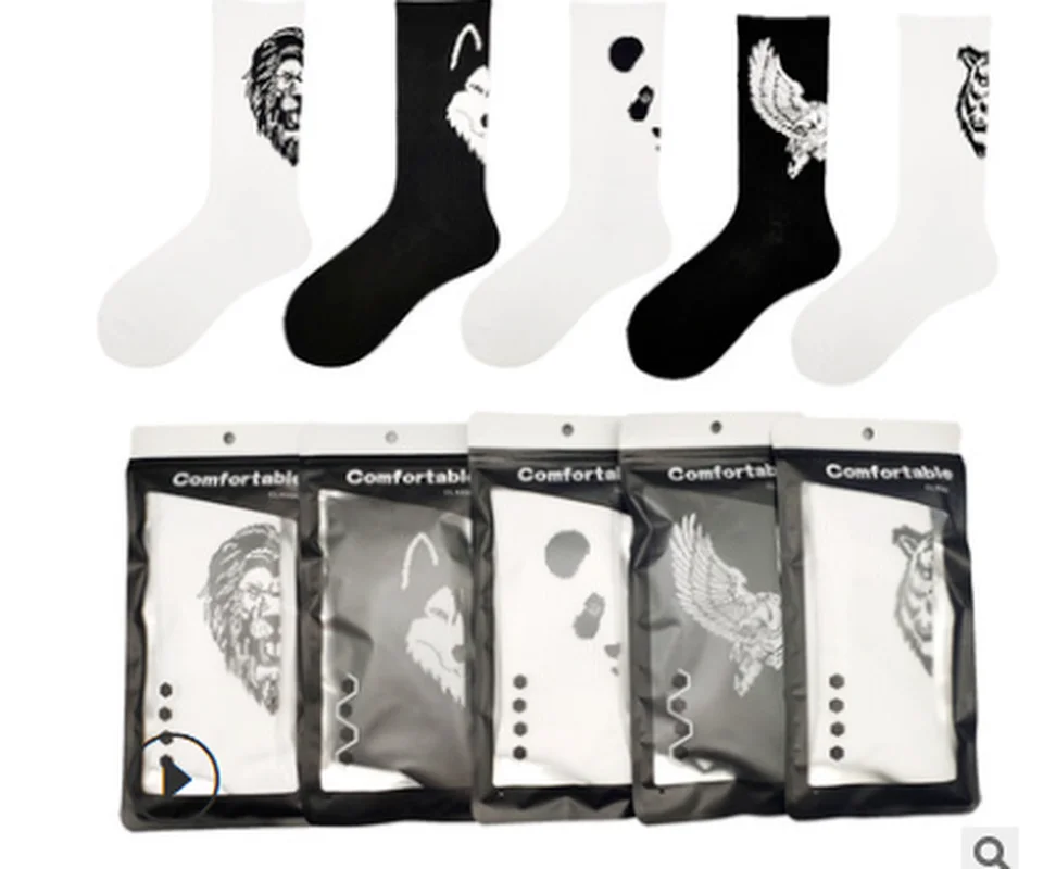 Chaussettes hip-hop pour hommes, mode coréenne, Harajuku, drôles, loup, panda, aigle, lion, tigre, imprimé animal féroce