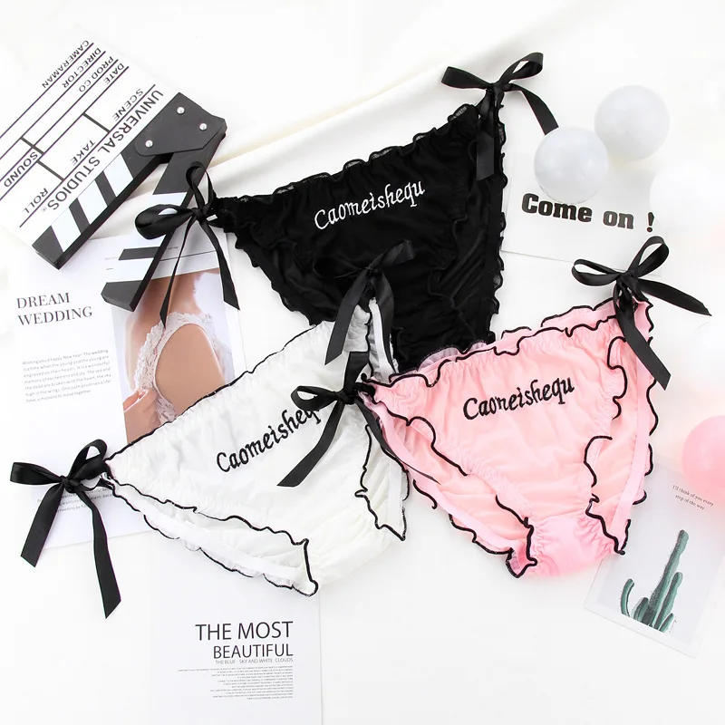 Lolita Bowtie Women's Underwear Ice Silk Underpants Ruffle Edge Panties Embroidered Letter print Female Knickers