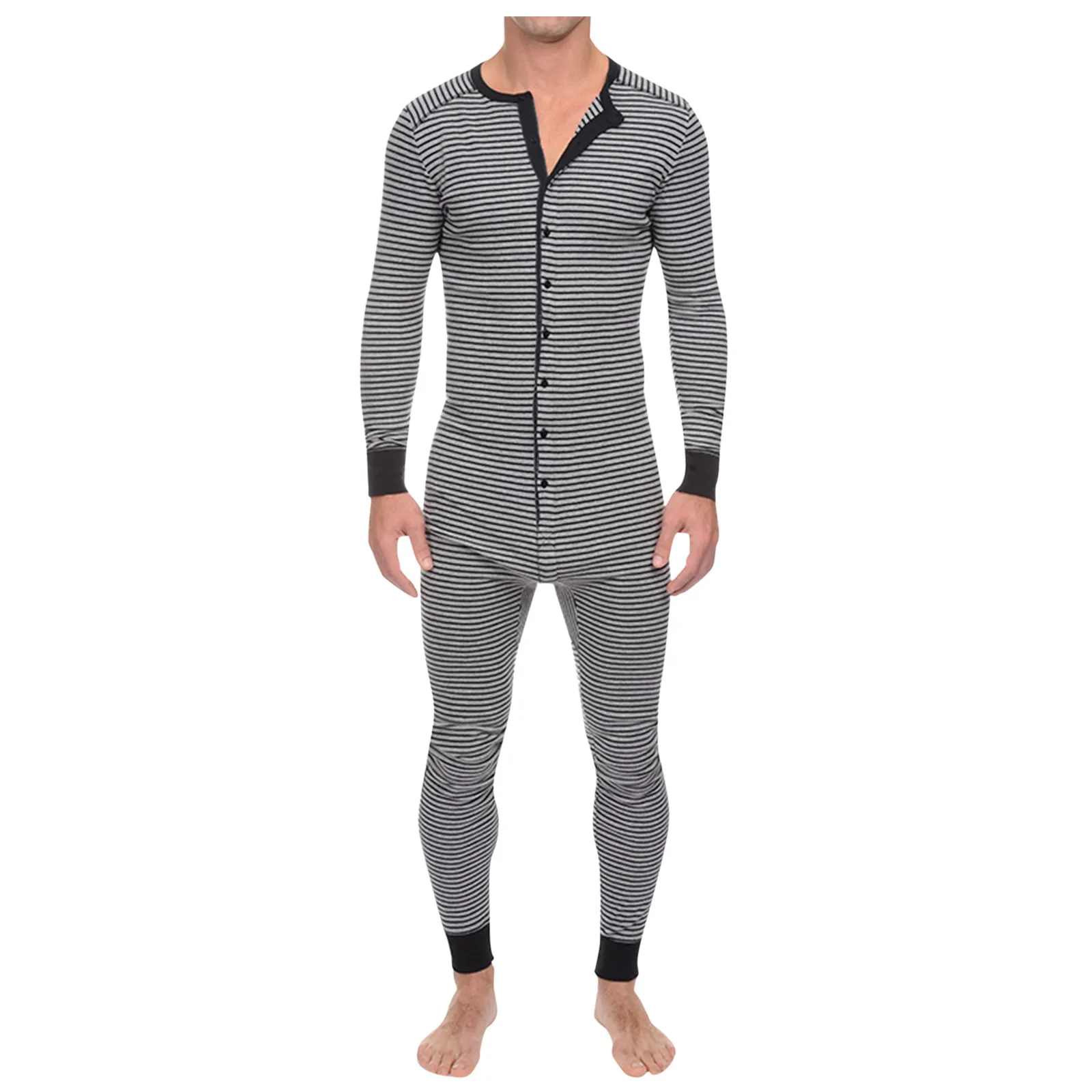 Men Casual Striped Long Pajamas Punk Style Pockets Pants Slim Long Sleeve Rompers Men Jumpsuit Pajamas Homewear