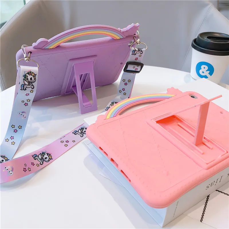 สำหรับIpad Pro 2020 11 ''10.5 iPad 2019กรณีน่ารักUnicornซิลิโคนอ่อนครอบคลุมLanyardสำหรับiPad Mini 4 5 9.7นิ้วiPad 2018 Fundas
