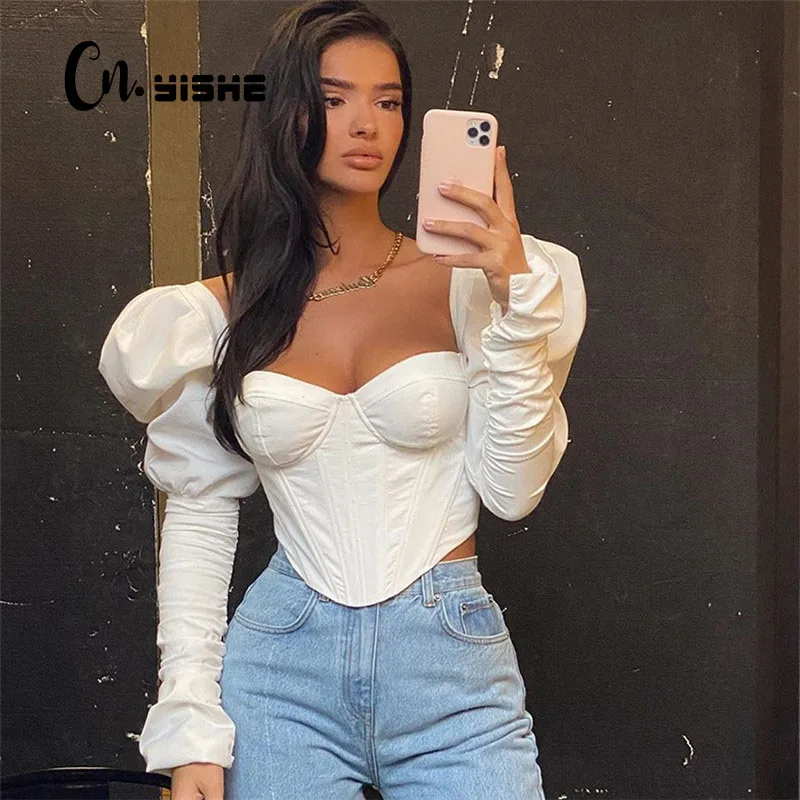 CNYISHE Elegant Solid Puff Sleeve Slim T-Shirt Women Tee Tops Autumn Fashion Sexy Backless Skinny Crop Top Female Shirts Blusas